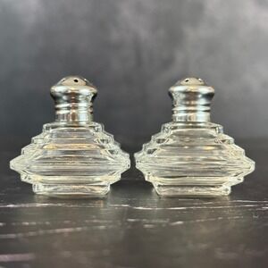 Vintage Irice Mini Crystal Salt & Pepper Shakers Art Deco 1.5"x1.5" Sterling Cap